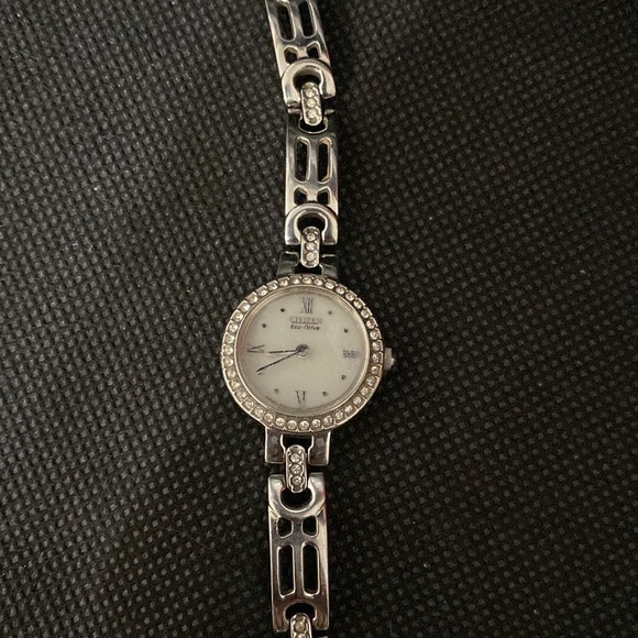 Vintage Citizen Eco-Drive Watch Silver Toned Band Round Face Rhinestones - Picture 6 of 10